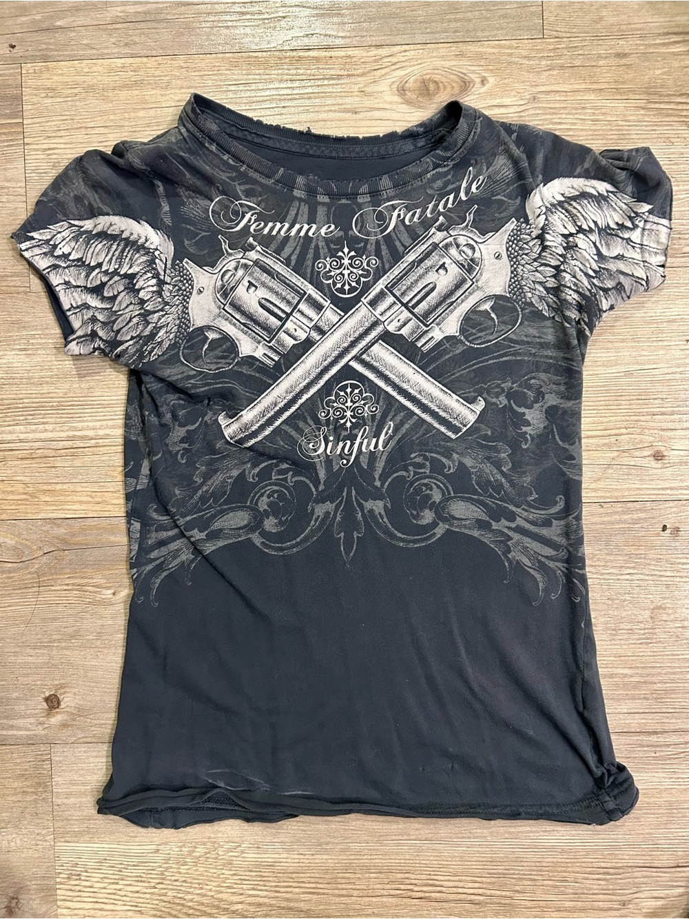 Sinful Black 'Femme Fatale' Tee - Women's Top Rhinestone Accents Small RARE